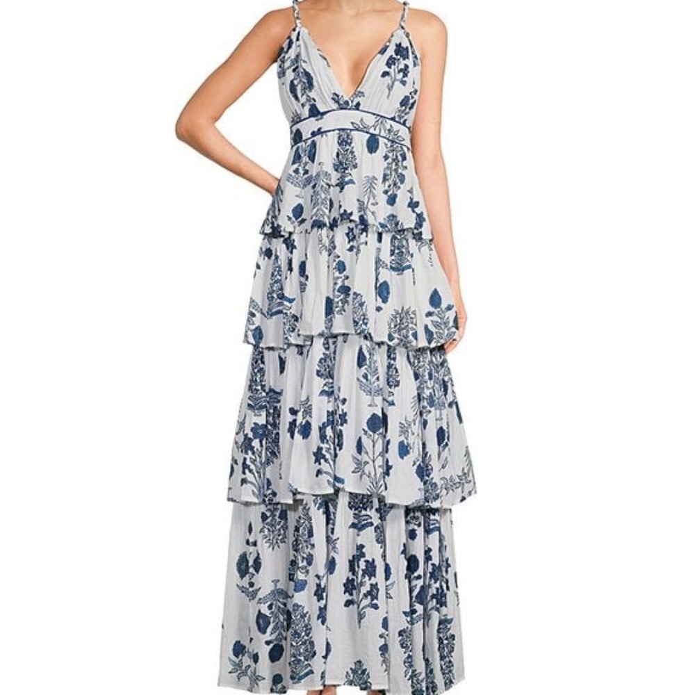 Blue Floral Tiered Maxi Dress with V-Neck